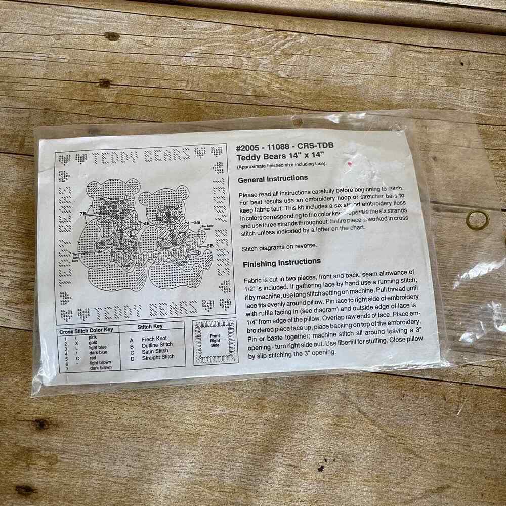 Vintage NEW Teddy Bears Counted Cross Stitch Pillow Kit - Lace Trimmed - 14 x 14
